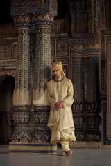 GOLD SHERWANI SET WITH CHOGA AND CHURIDAR WITH OPTIONAL WORKED STOLE AND JUTIS