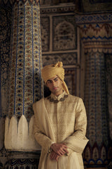 GOLD SHERWANI SET WITH CHOGA AND CHURIDAR WITH OPTIONAL WORKED STOLE AND JUTIS