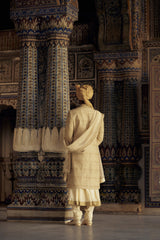 GOLD SHERWANI SET WITH CHOGA AND CHURIDAR WITH OPTIONAL WORKED STOLE AND JUTIS