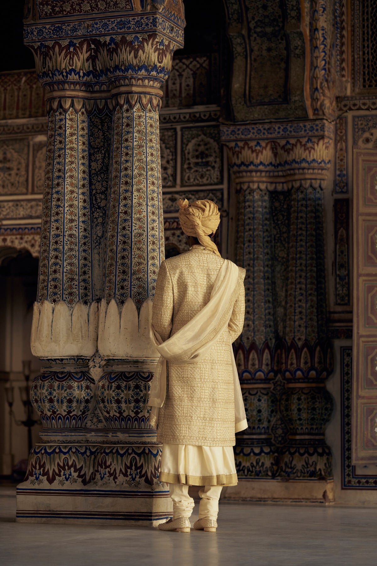 GOLD SHERWANI SET WITH CHOGA AND CHURIDAR WITH OPTIONAL WORKED STOLE AND JUTIS