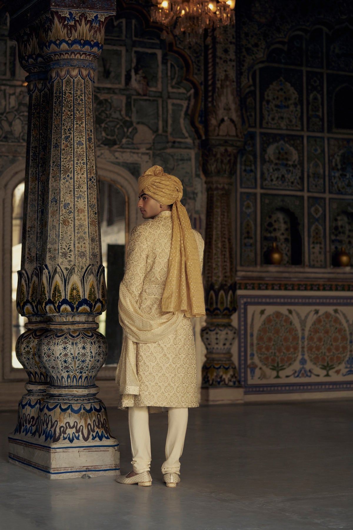 GOLD RAW SILK SHERWANI WITH KURTA AND CHURIDAR WITH OPTIONAL WORKED BELT, STOLE AND JUTIS