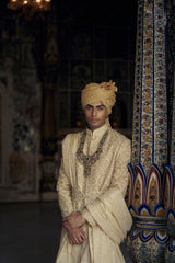 GOLD RAW SILK SHERWANI WITH KURTA AND CHURIDAR WITH OPTIONAL WORKED BELT, STOLE AND JUTIS