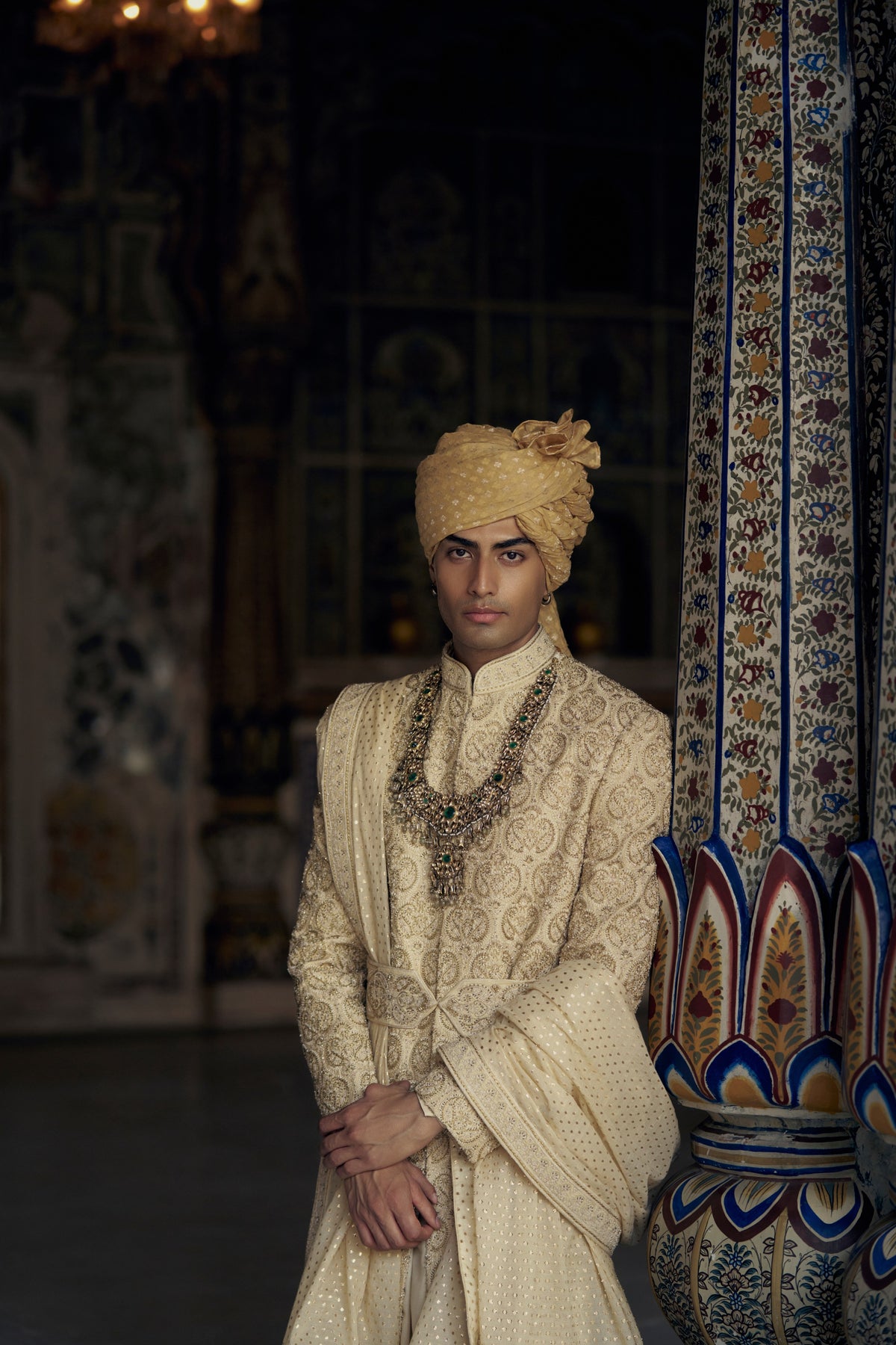 GOLD RAW SILK SHERWANI WITH KURTA AND CHURIDAR WITH OPTIONAL WORKED BELT, STOLE AND JUTIS