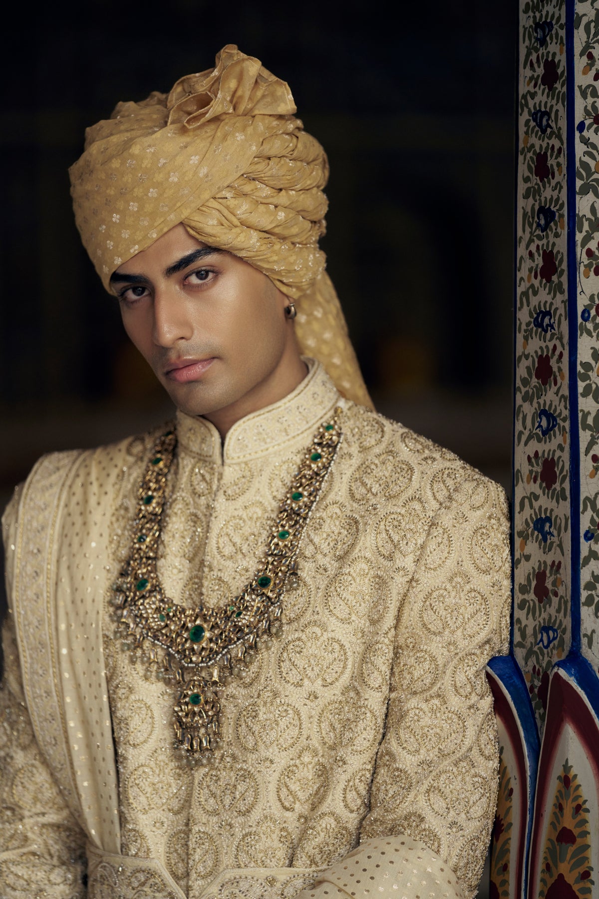 GOLD RAW SILK SHERWANI WITH KURTA AND CHURIDAR WITH OPTIONAL WORKED BELT, STOLE AND JUTIS