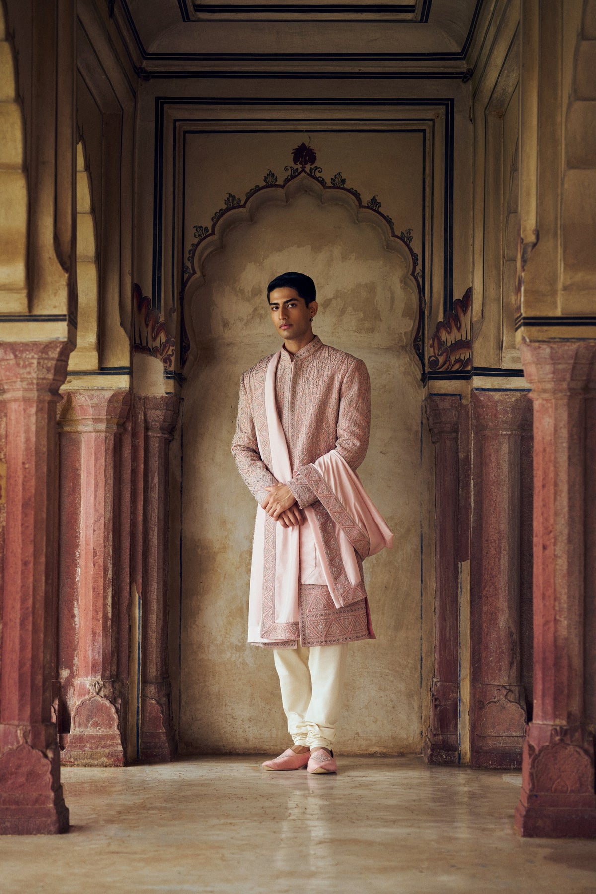 DUSTY ROSE PINK SHERWANI WITH KURTA CHURIDAR WITH OPTIONAL STOLE, BELT AND WORKED JUTI