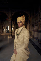 GOLD RAW SILK SHERWANI WITH KURTA AND CHURIDAR WITH OPTIONAL WORKED BELT, STOLE AND JUTIS