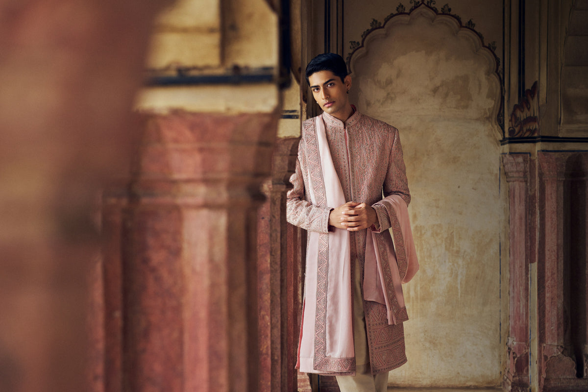 DUSTY ROSE PINK SHERWANI WITH KURTA CHURIDAR WITH OPTIONAL STOLE, BELT AND WORKED JUTI