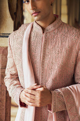 DUSTY ROSE PINK SHERWANI WITH KURTA CHURIDAR WITH OPTIONAL STOLE, BELT AND WORKED JUTI