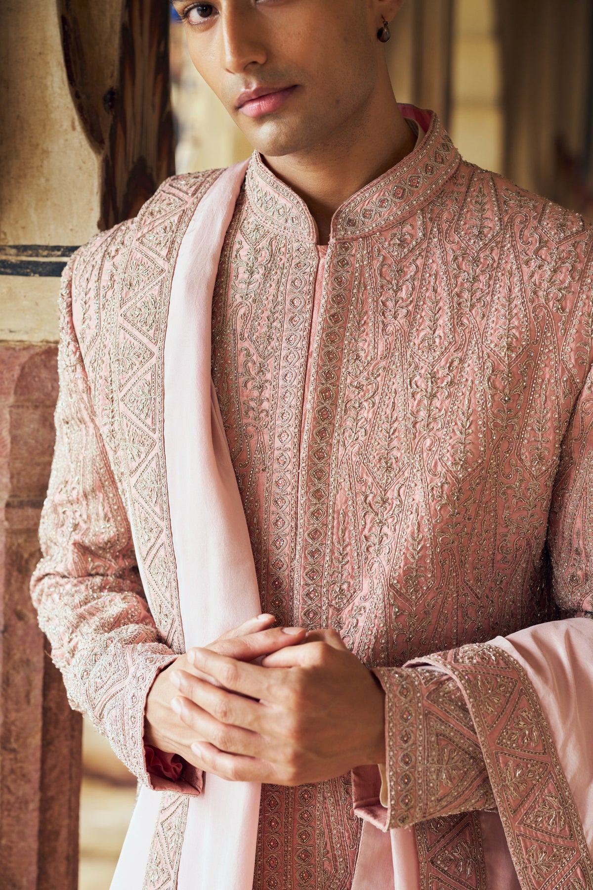 DUSTY ROSE PINK SHERWANI WITH KURTA CHURIDAR WITH OPTIONAL STOLE, BELT AND WORKED JUTI