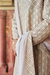 BLUSH RAW SILK SHERWANI WITH KURTA AND TROUSER WITH OPTIONAL STOLE, WORKED BELT AND WORKED JOOTI