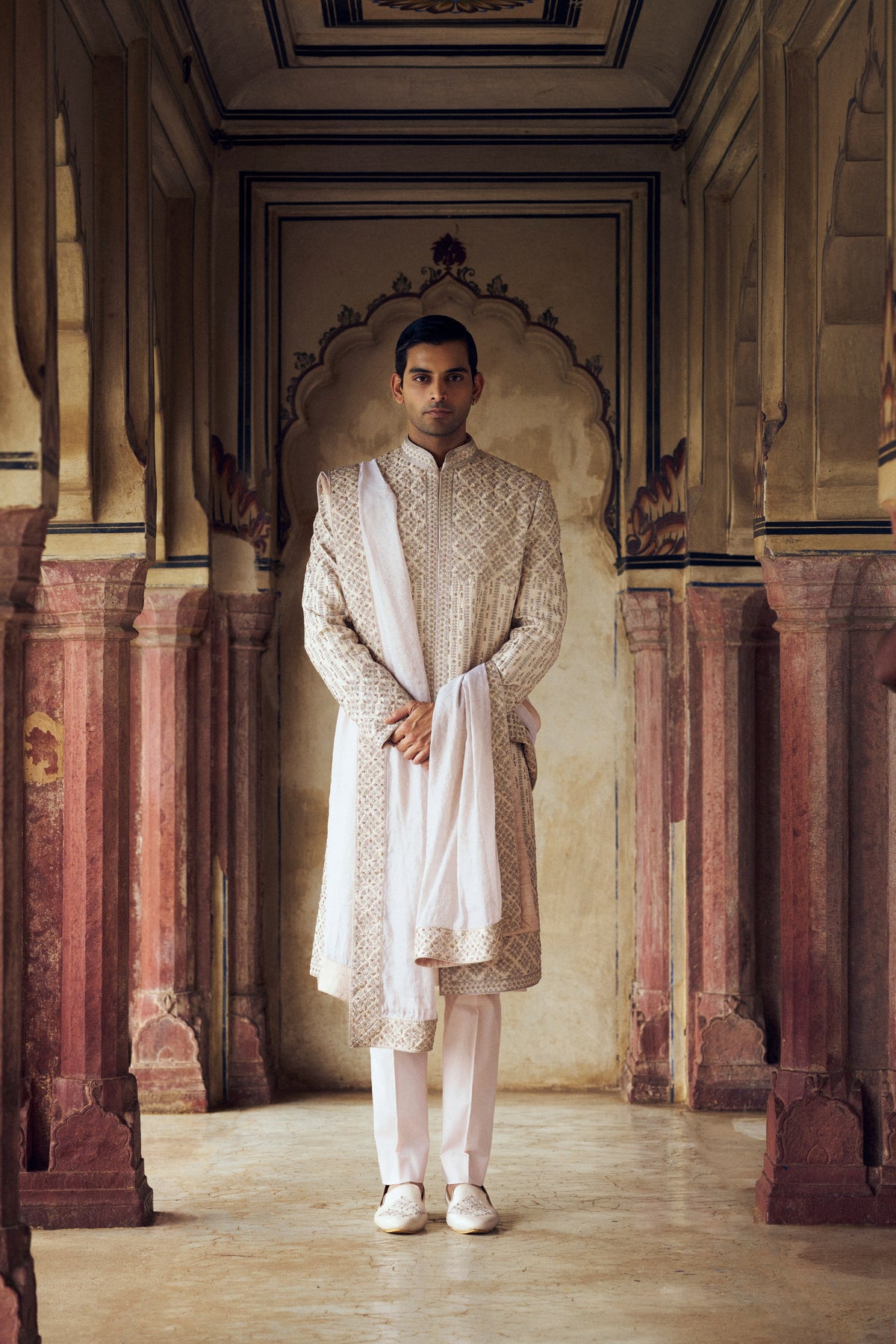 BLUSH RAW SILK SHERWANI WITH KURTA AND TROUSER WITH OPTIONAL STOLE, WORKED BELT AND WORKED JOOTI