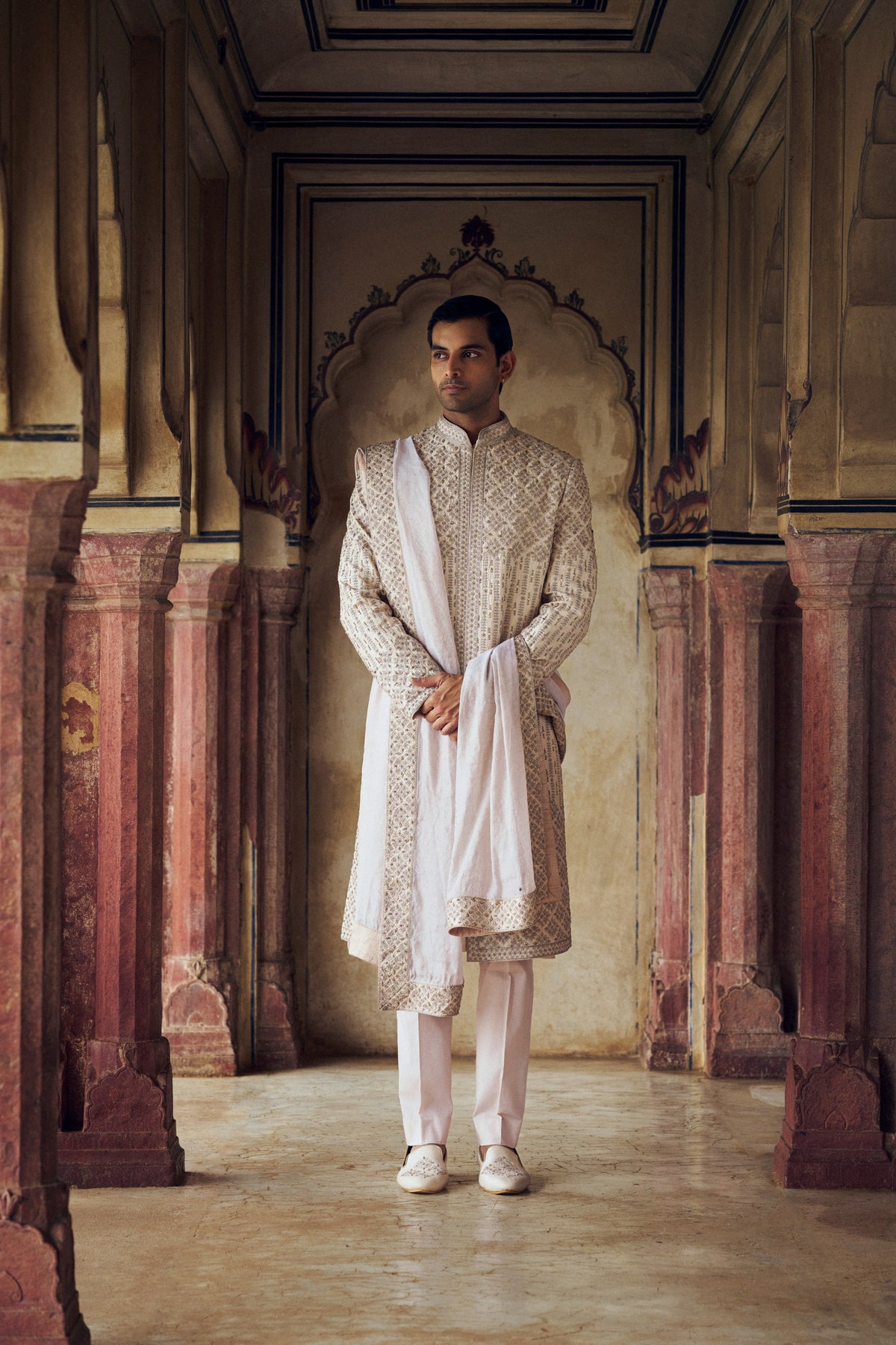 BLUSH RAW SILK SHERWANI WITH KURTA AND TROUSER WITH OPTIONAL STOLE, WORKED BELT AND WORKED JOOTI