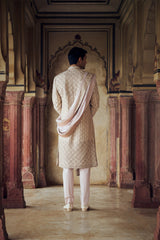 BLUSH RAW SILK SHERWANI WITH KURTA AND TROUSER WITH OPTIONAL STOLE, WORKED BELT AND WORKED JOOTI