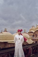 IVORY RAW SILK SHERWANI WITH COTTON SILK CHOGA AND CHURIDAR AND OPTIONAL STOLE, BELT AND WORKED JUTI