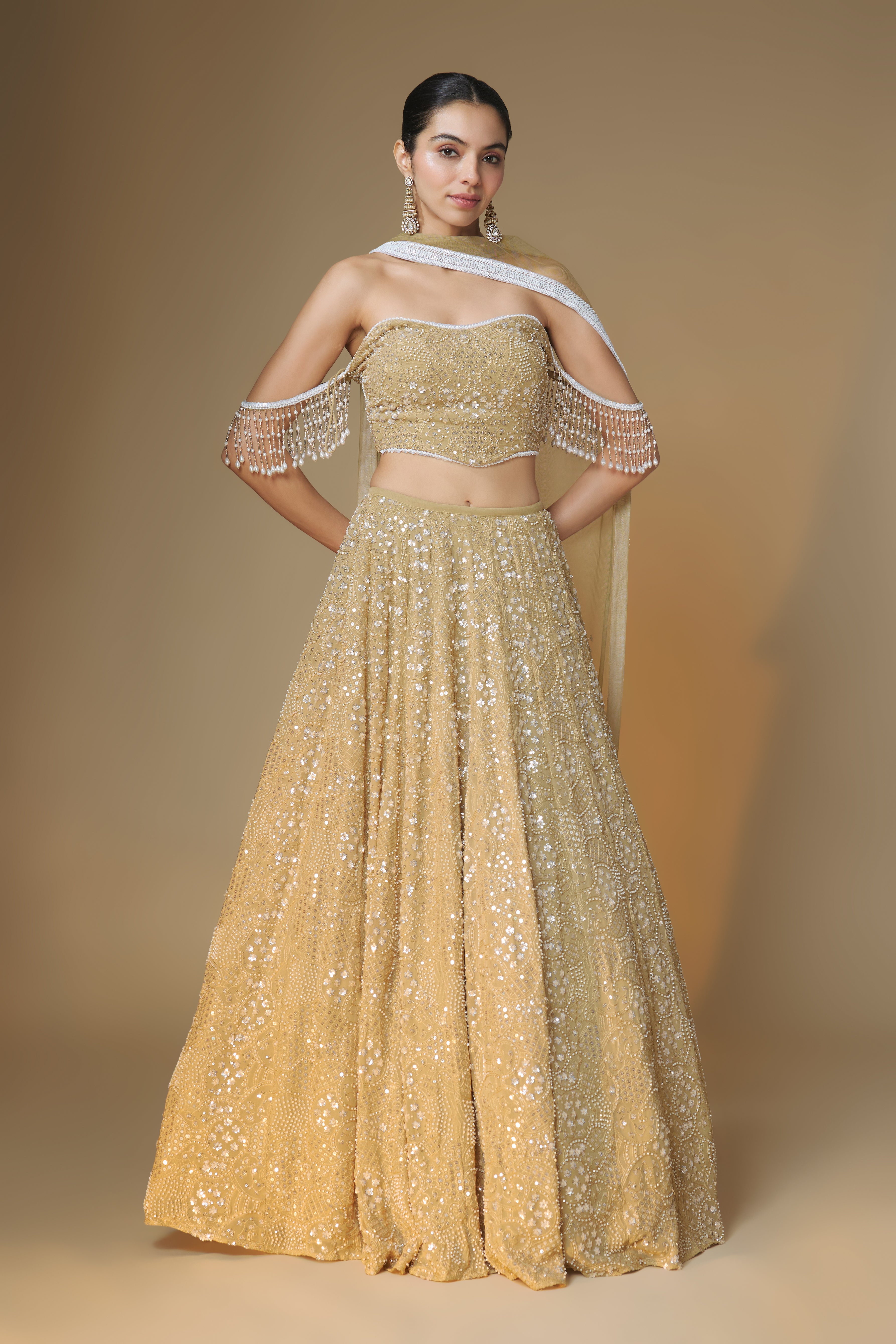 Champagne gold embroidered lehenga and bustier blouse set