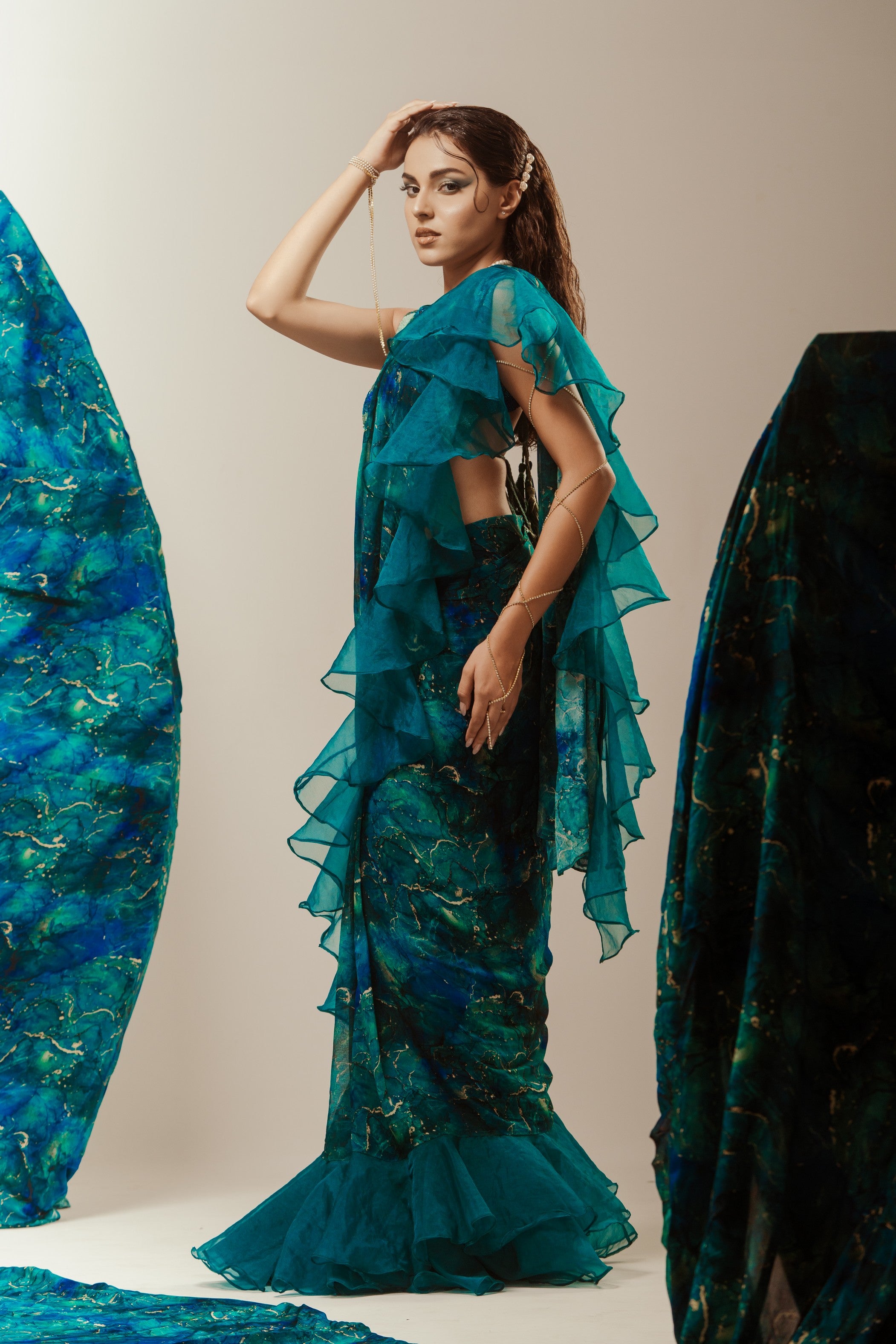 Drape Ruffle Pre Stitched Saree W/Blouse