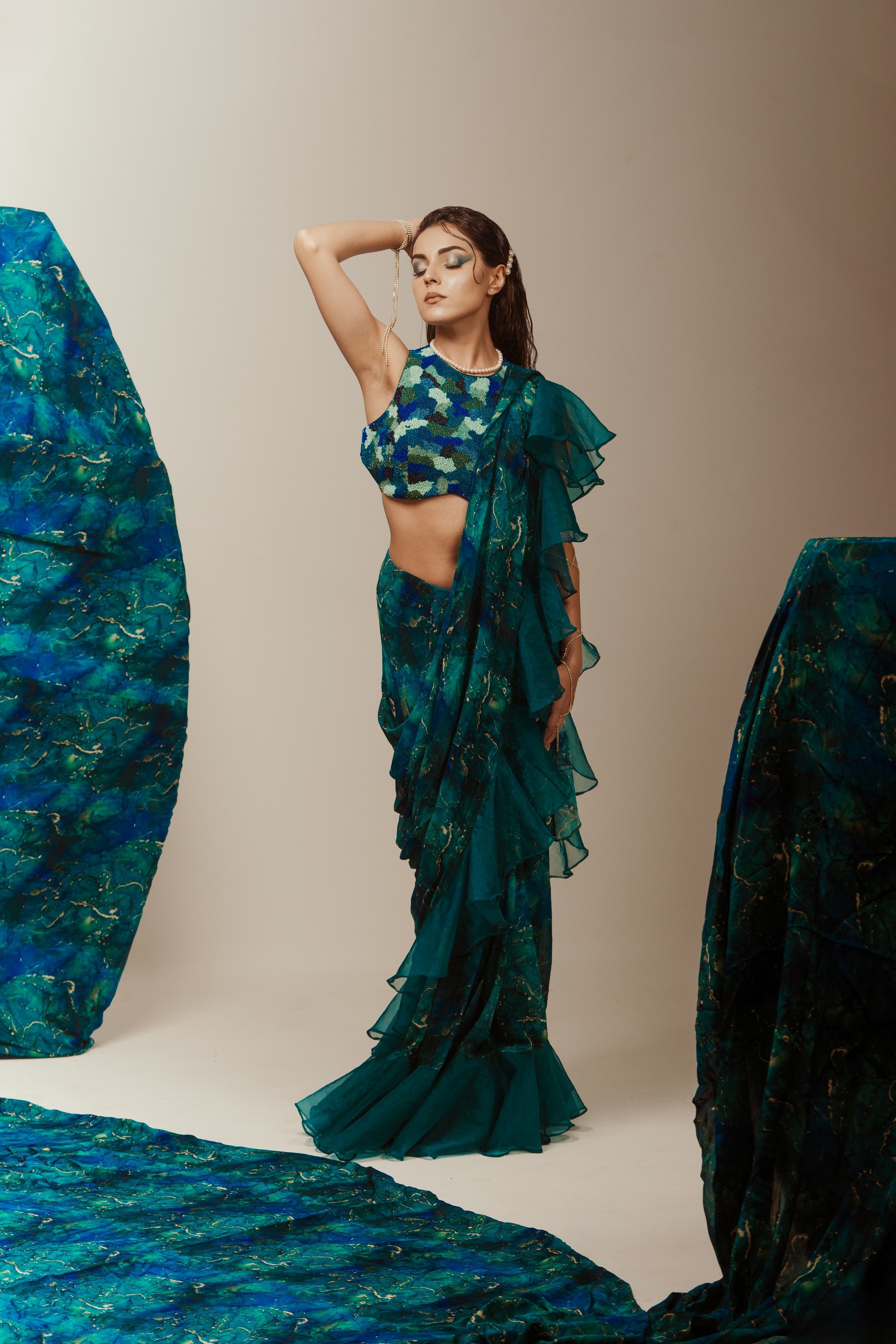 Drape Ruffle Pre Stitched Saree W/Blouse