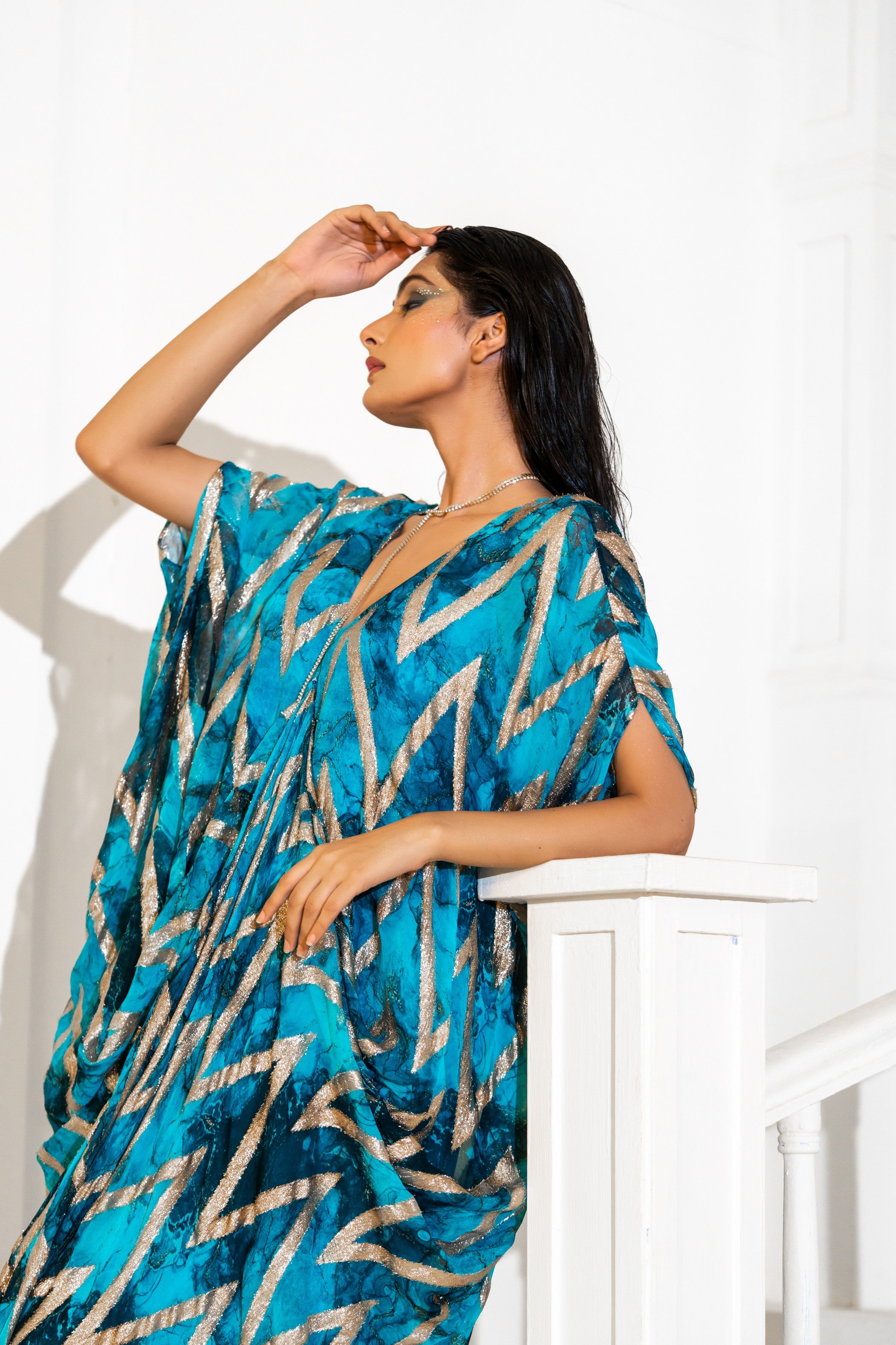 Blue Abstract Lurex Print Kaftaan