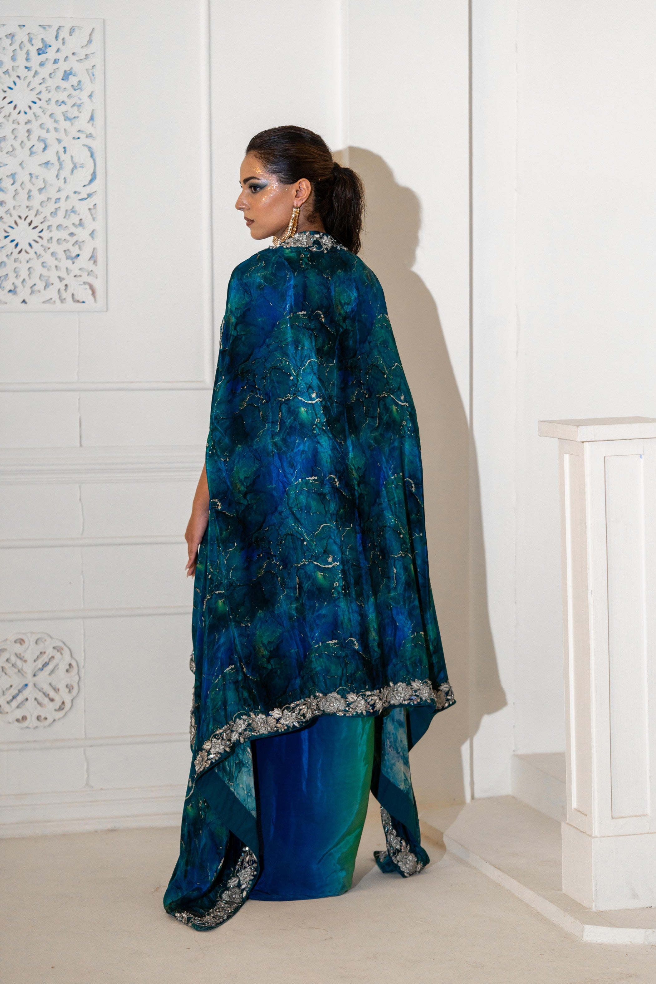 Abstract Embroidered Cape W/Blouse & Skirt Set