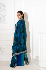 Abstract Embroidered Cape W/Blouse & Skirt Set