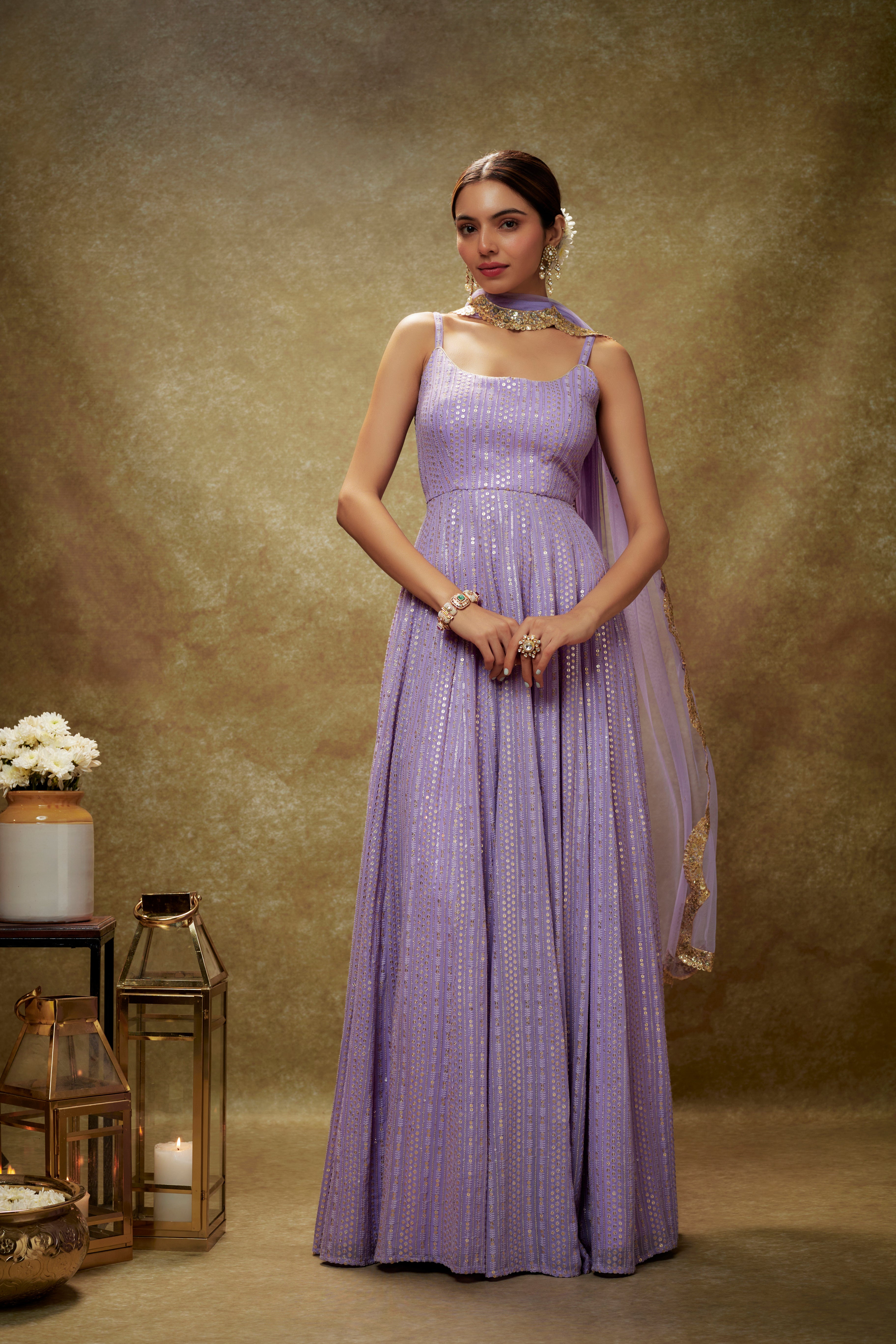 Lavender & gold sequin anarkali gown