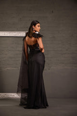Metallic Corset Gown With Detachable Shoulder Cape