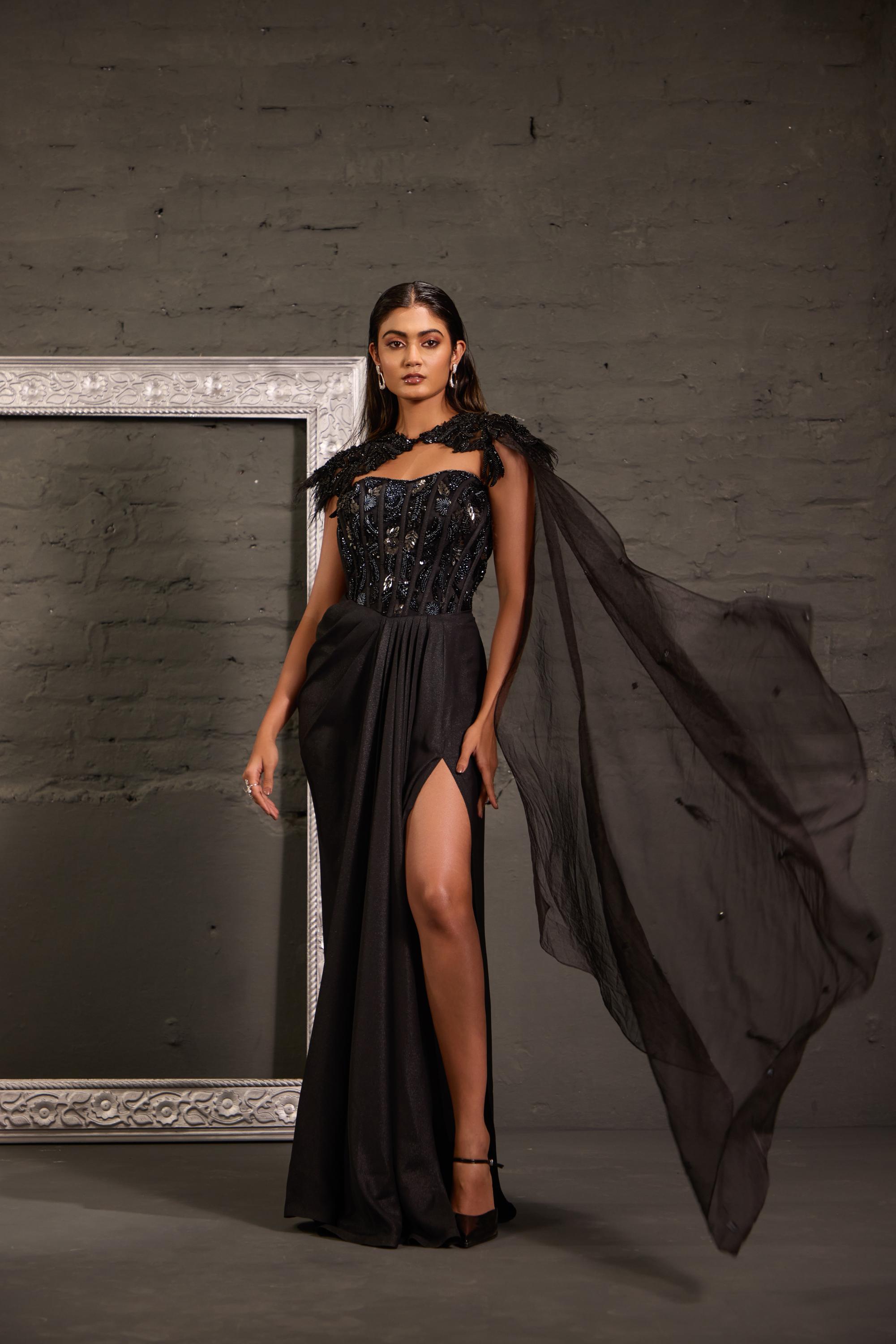 Metallic Corset Gown With Detachable Shoulder Cape