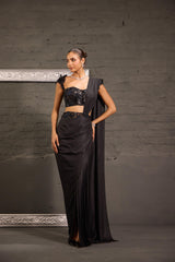 Metallic Drape Saree With Corset Cutwork Blouse
