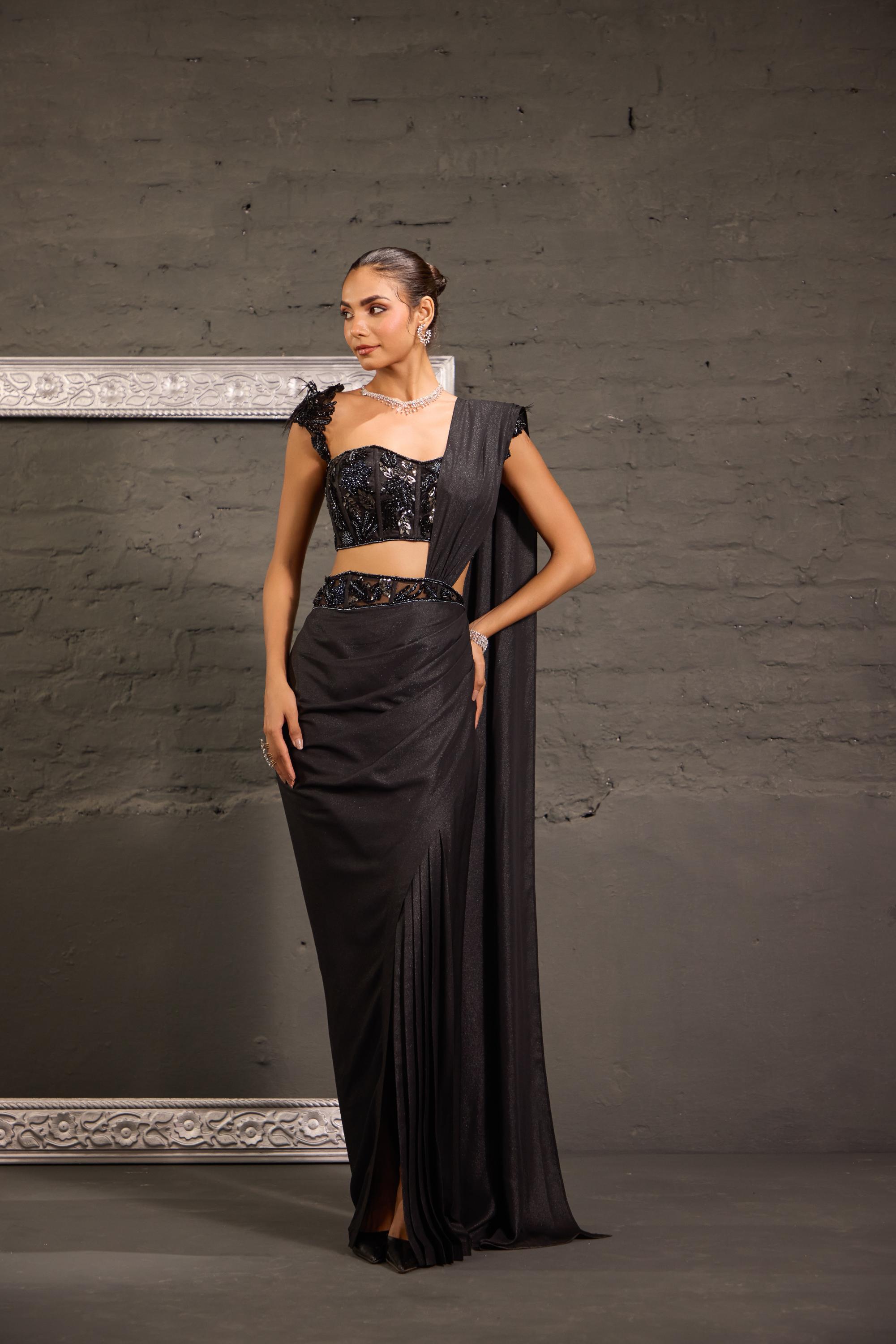 Metallic Drape Saree With Corset Cutwork Blouse