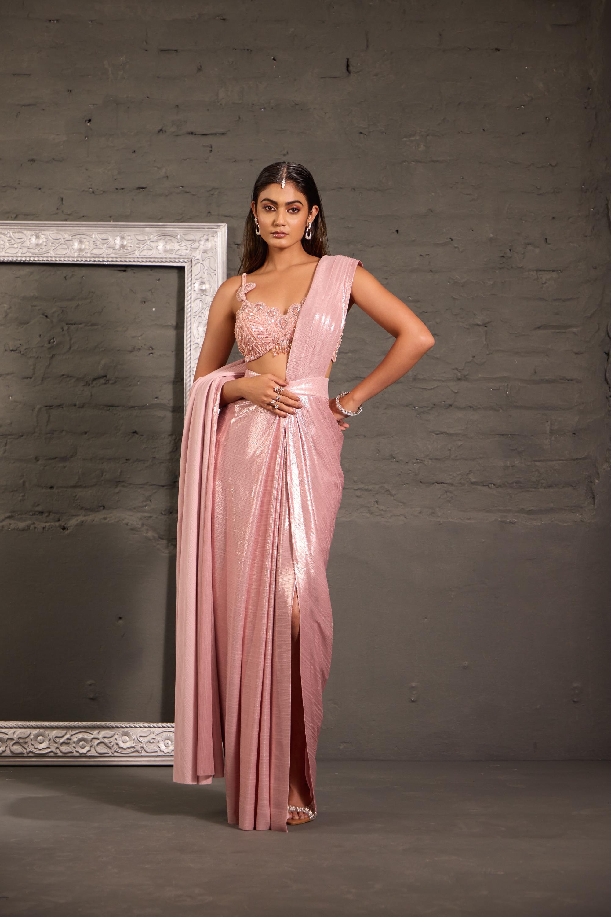 Pink Cutwork Blouse With  Metallic Drape Saree