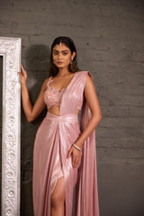 Pink Cutwork Blouse With  Metallic Drape Saree