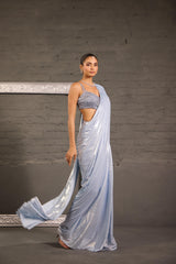 Hand Embroidered Grey Blouse With Metallic Drape Saree