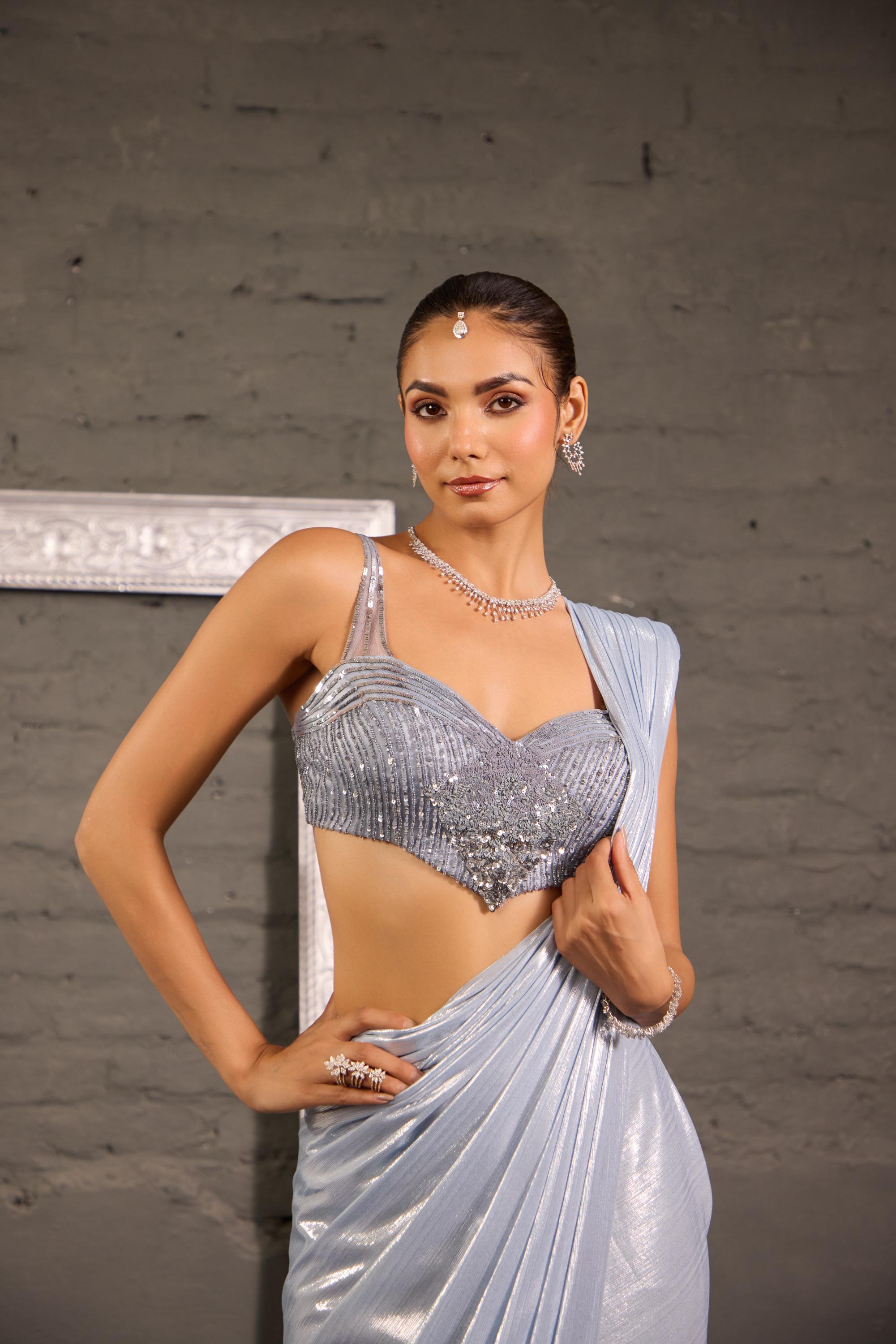 Hand Embroidered Grey Blouse With Metallic Drape Saree