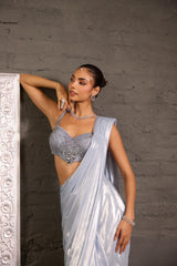 Hand Embroidered Grey Blouse With Metallic Drape Saree
