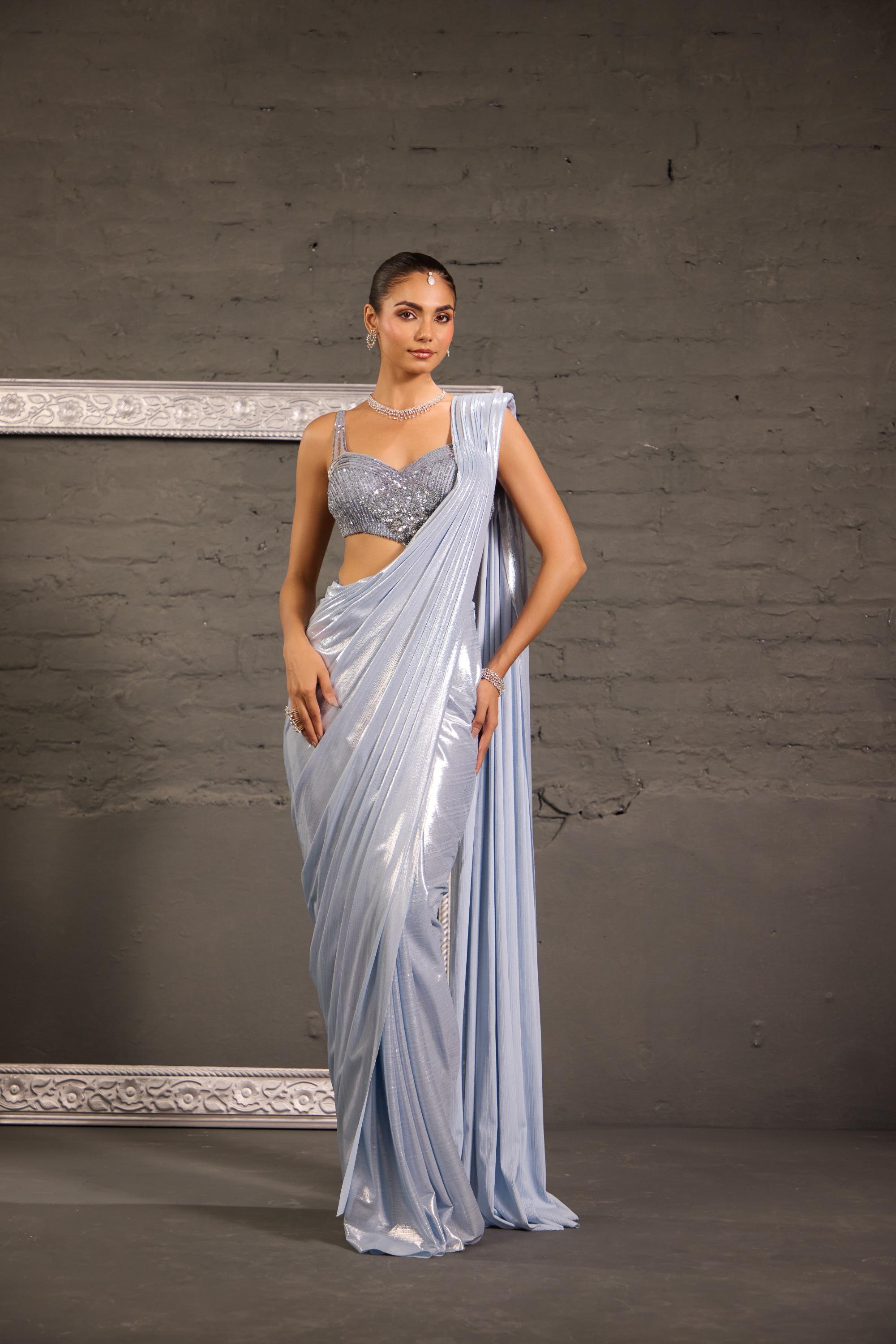 Hand Embroidered Grey Blouse With Metallic Drape Saree