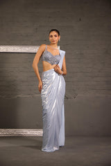 Hand Embroidered Grey Blouse With Metallic Drape Saree