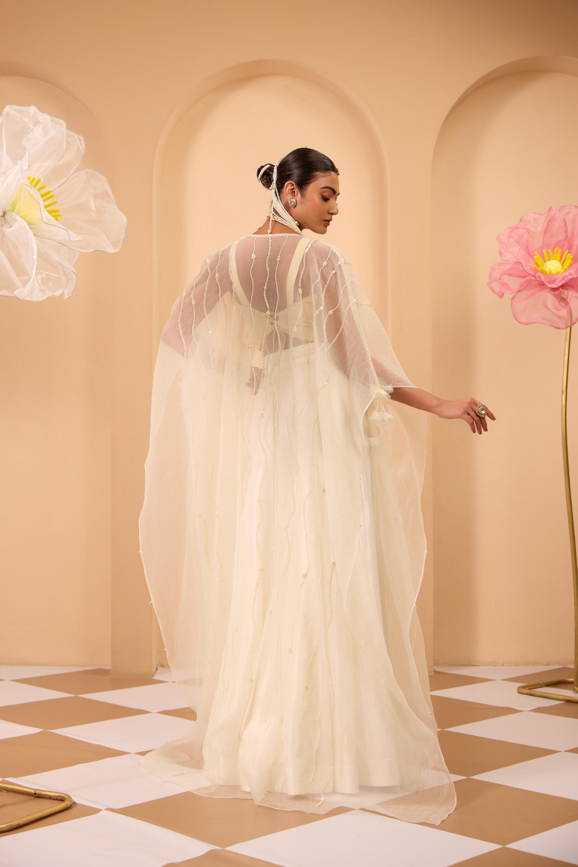 Ivory Hand Embroidered Cape With Blouse & Sharara