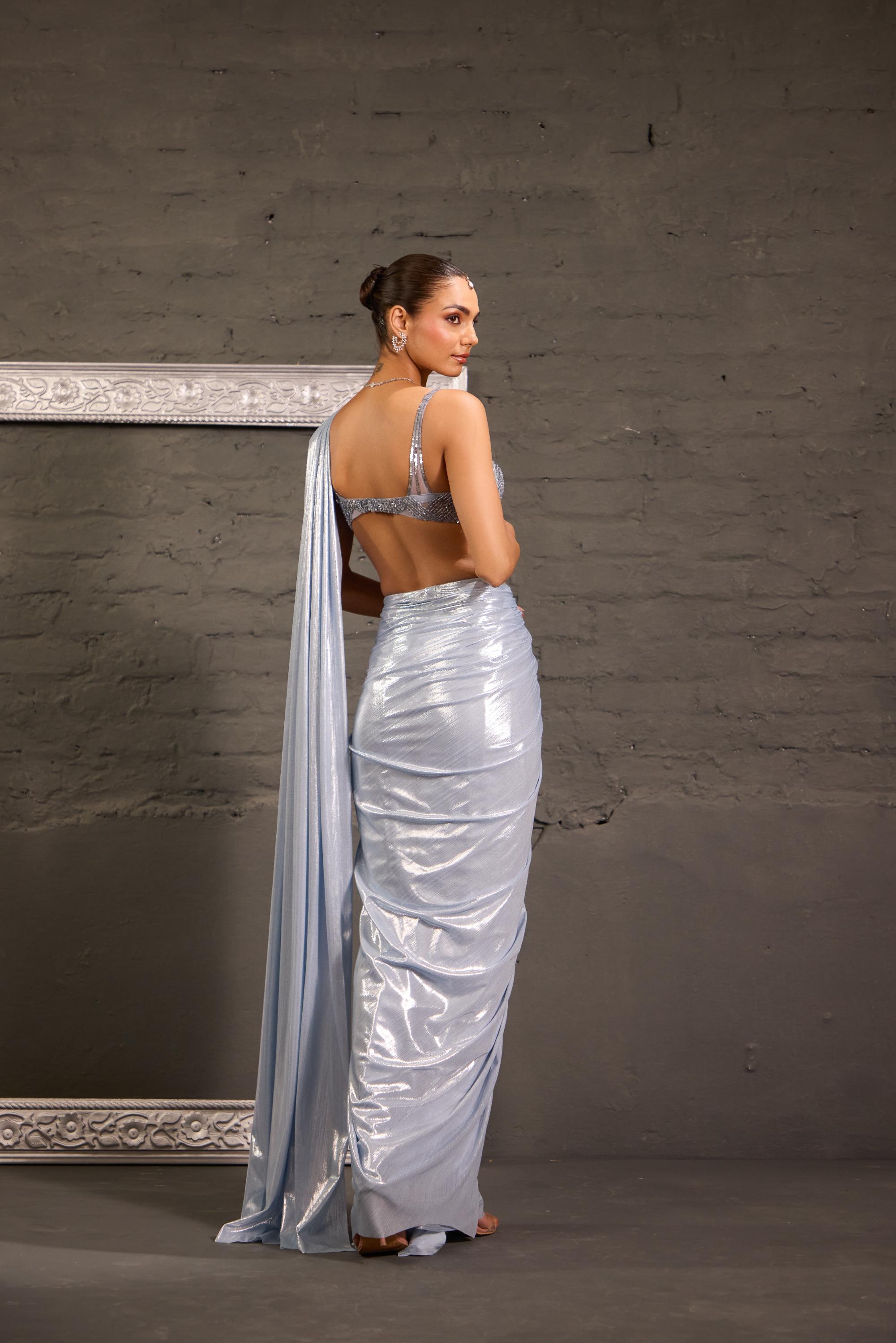 Hand Embroidered Grey Blouse With Metallic Drape Saree