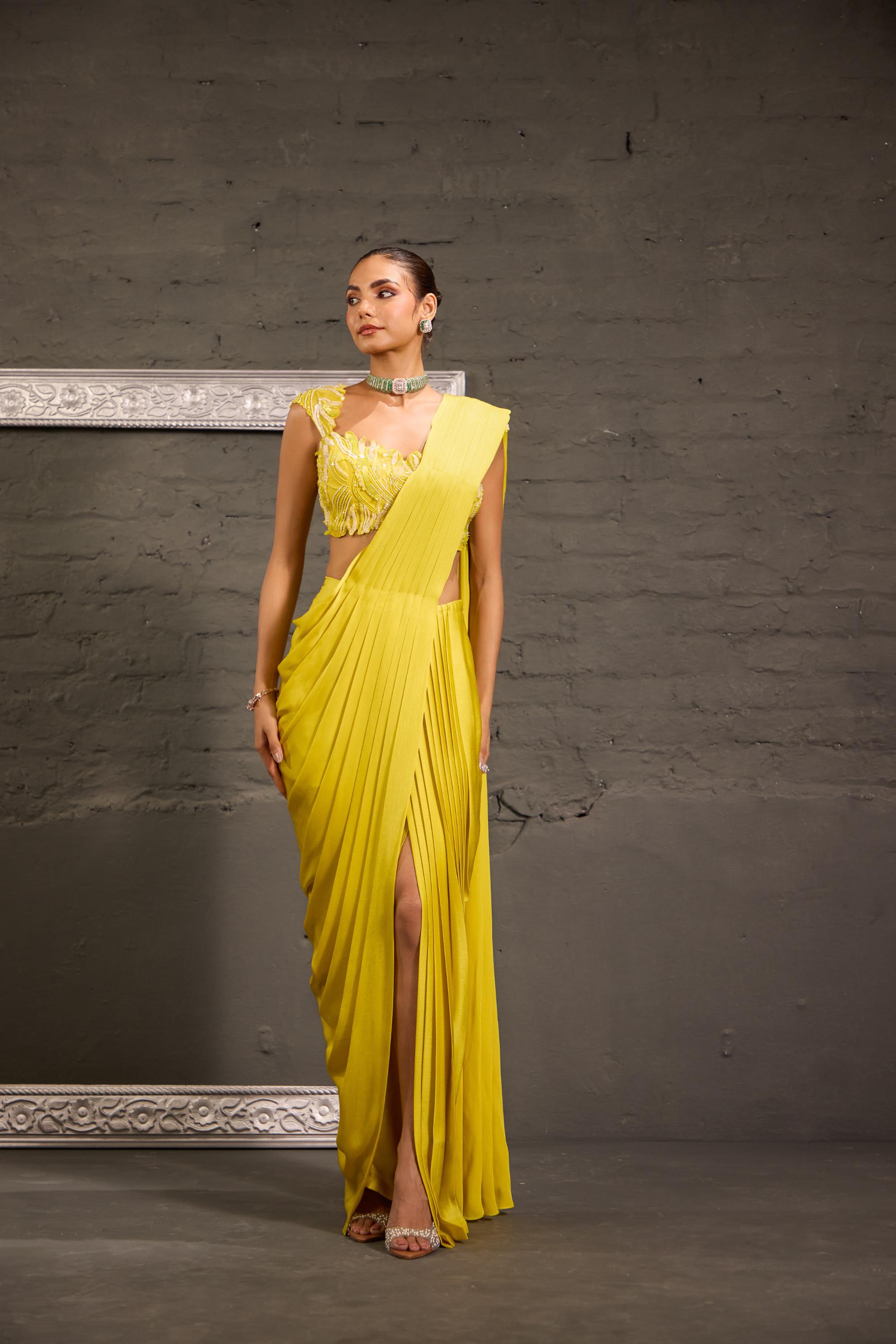 Cutwork Lime Yellow  Blouse With Drape Saree