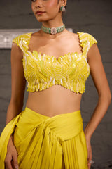 Cutwork Lime Yellow  Blouse With Drape Saree