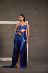 Tasseled Royal  Blue Cocktail Metallic Drape Saree Set