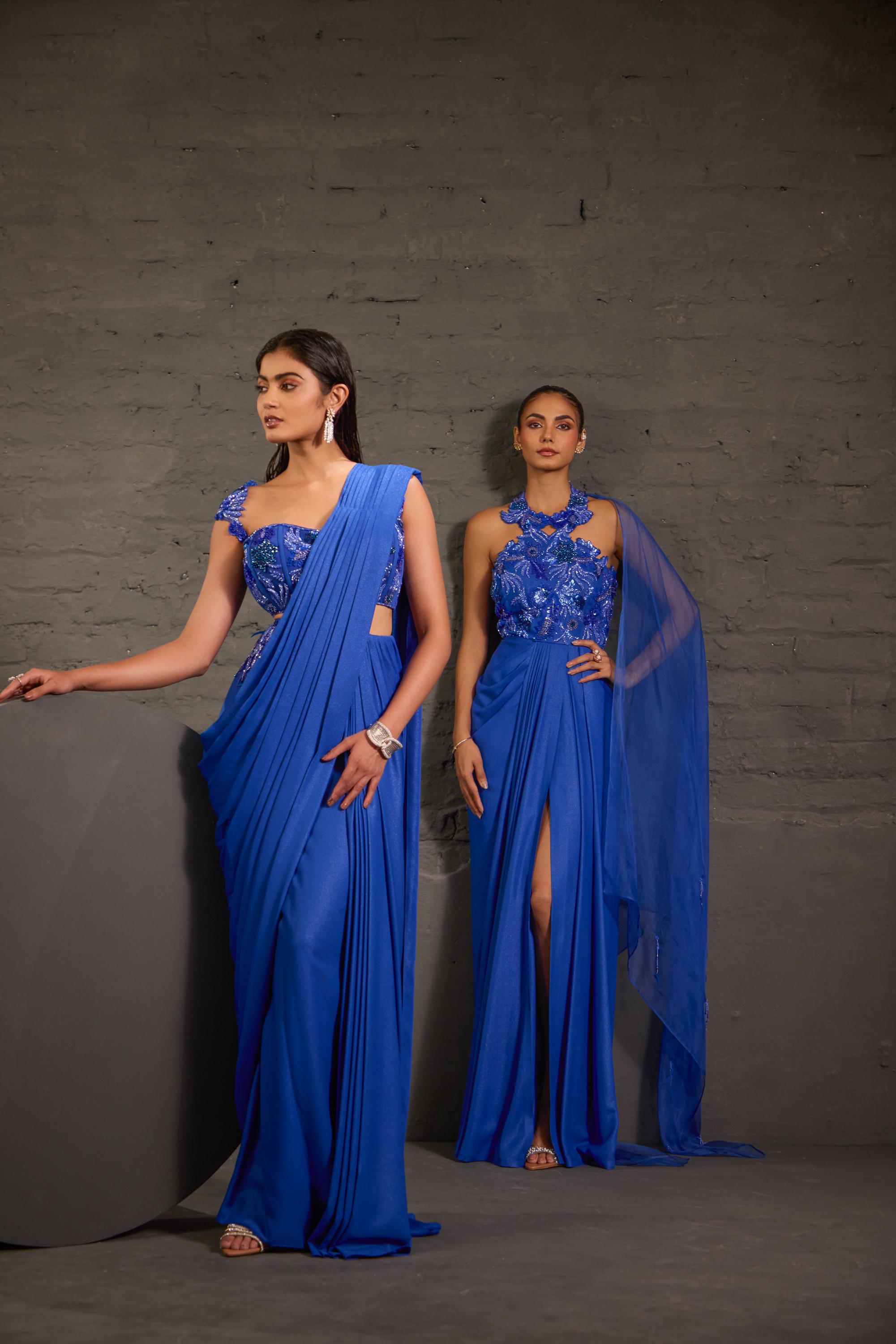 Royal Blue Metallic Drape Saree Set With Cutwork Corset Blouse