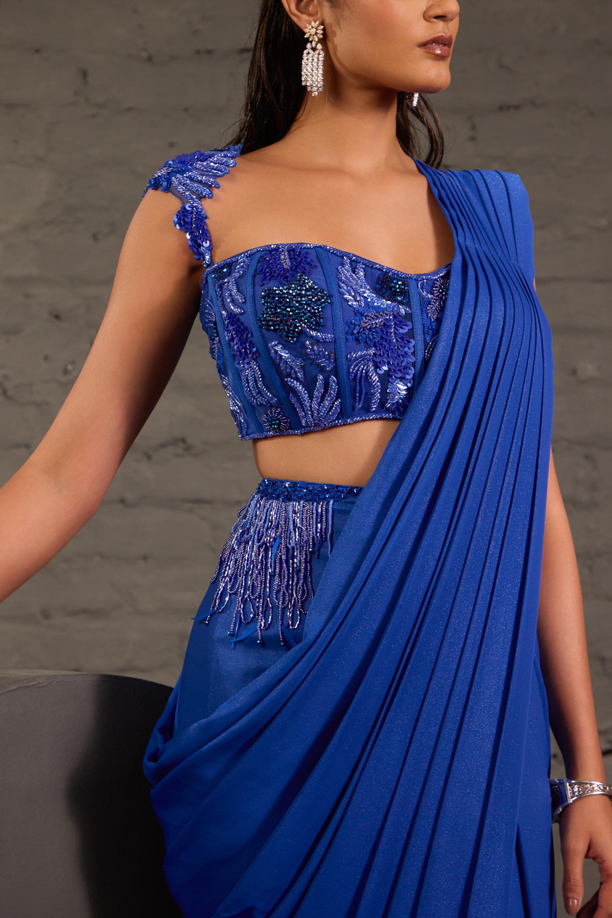 Royal Blue Metallic Drape Saree Set With Cutwork Corset Blouse