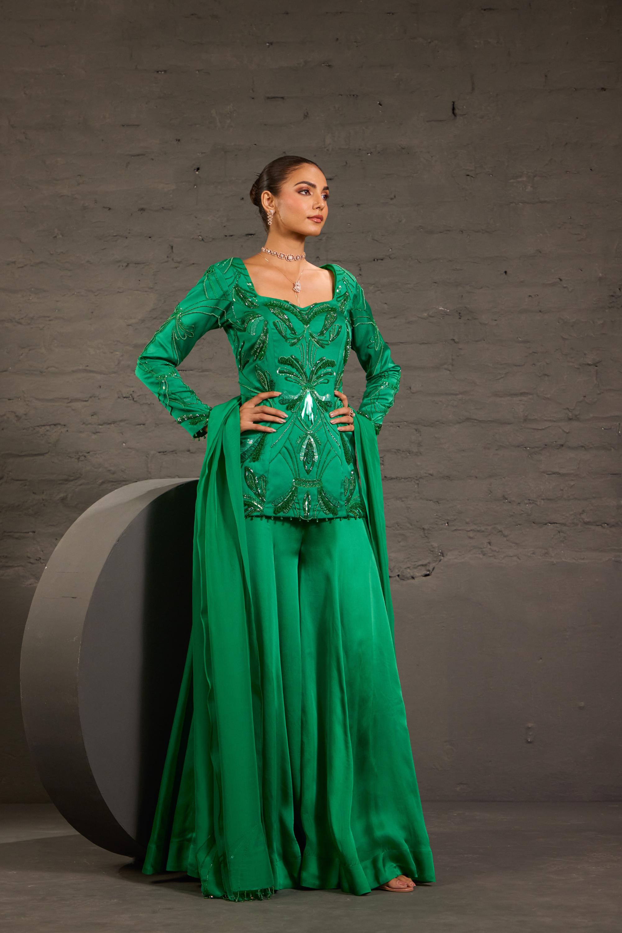 Emerald Green Embroidered Sharara Set