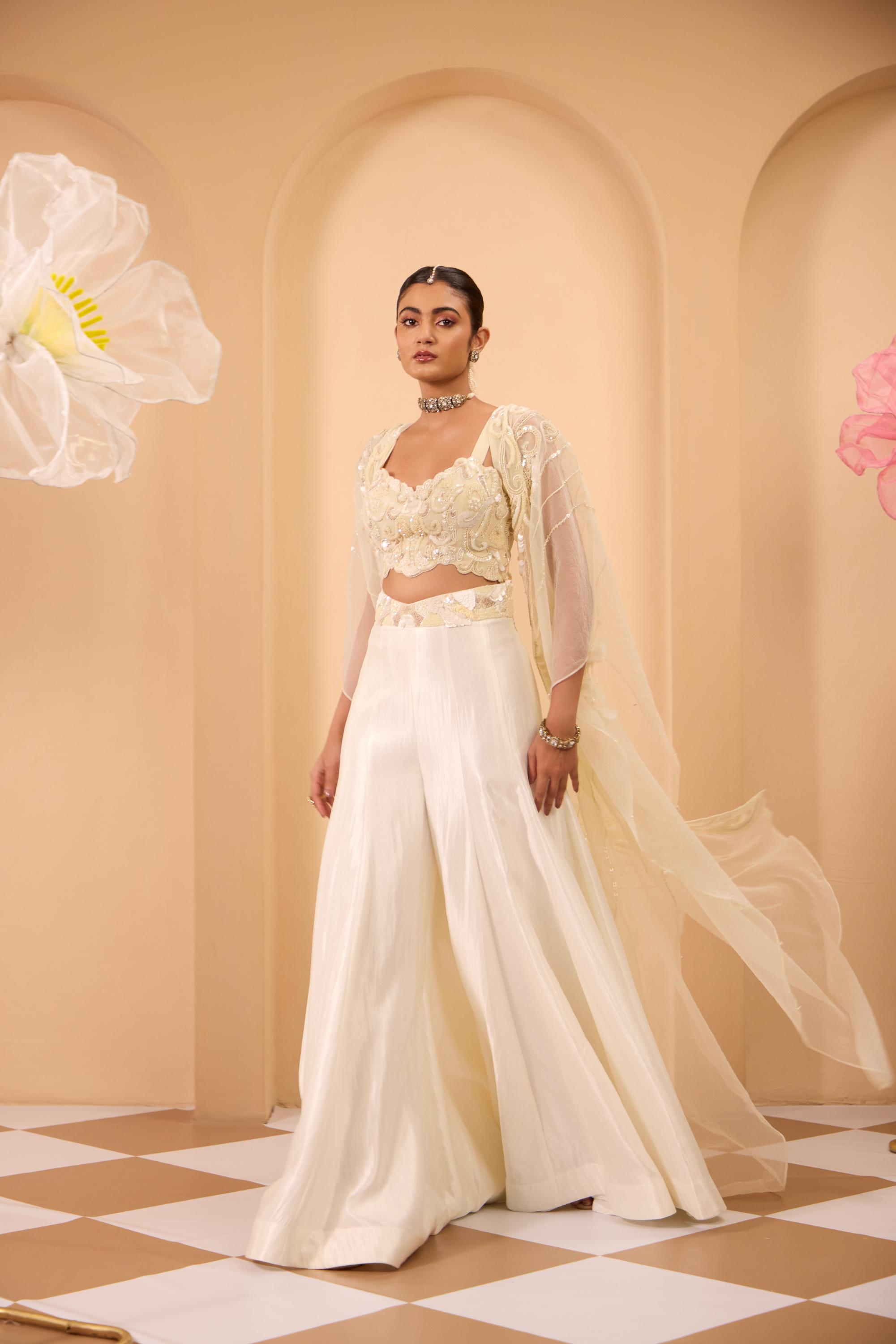 Ivory Hand Embroidered Cape With Blouse & Sharara