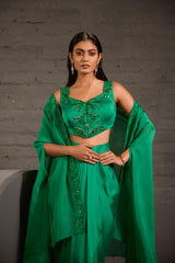 Emarald Green Cape With Asymmetric Drape Skirt And Waistcoat Set