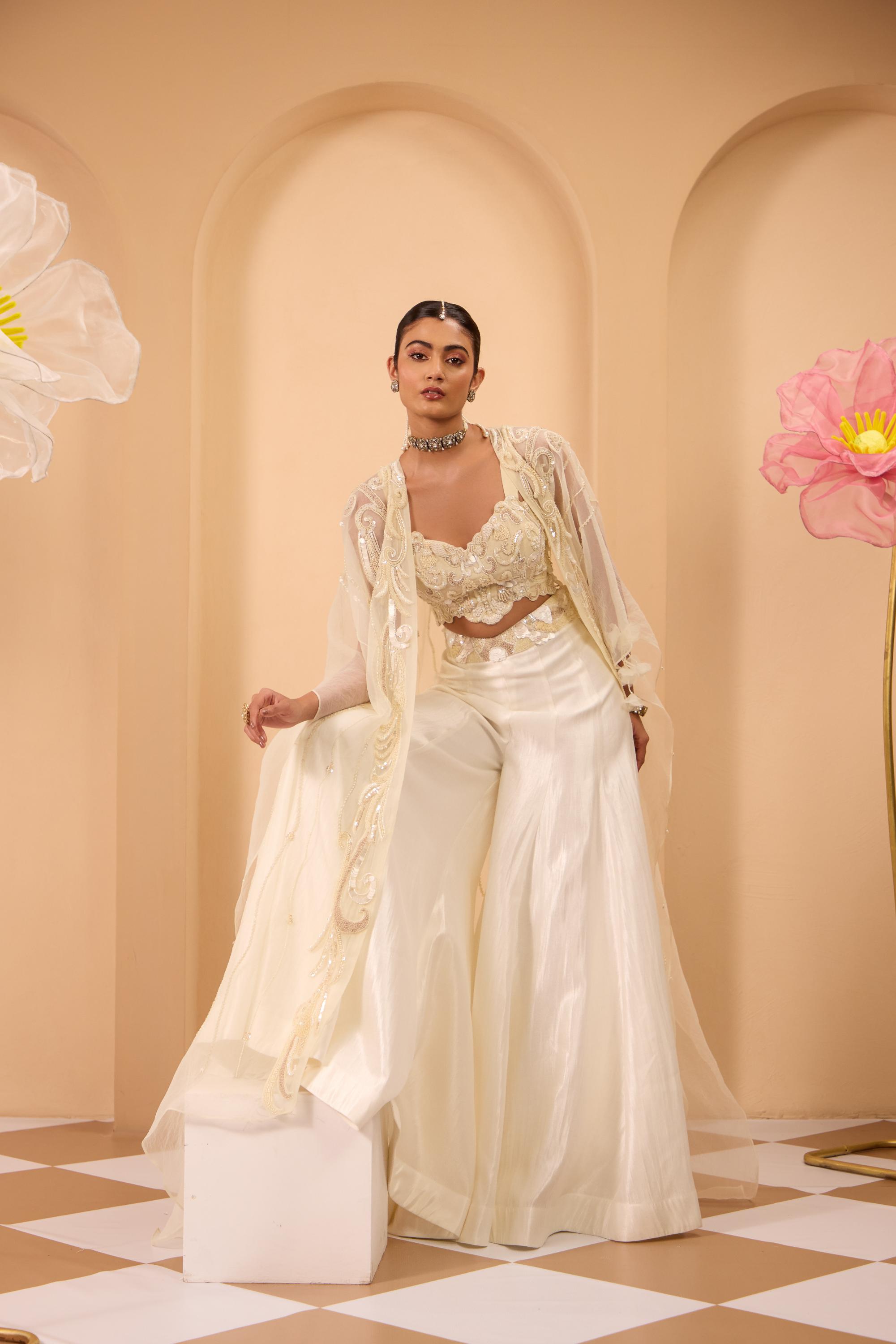 Ivory Hand Embroidered Cape With Blouse & Sharara