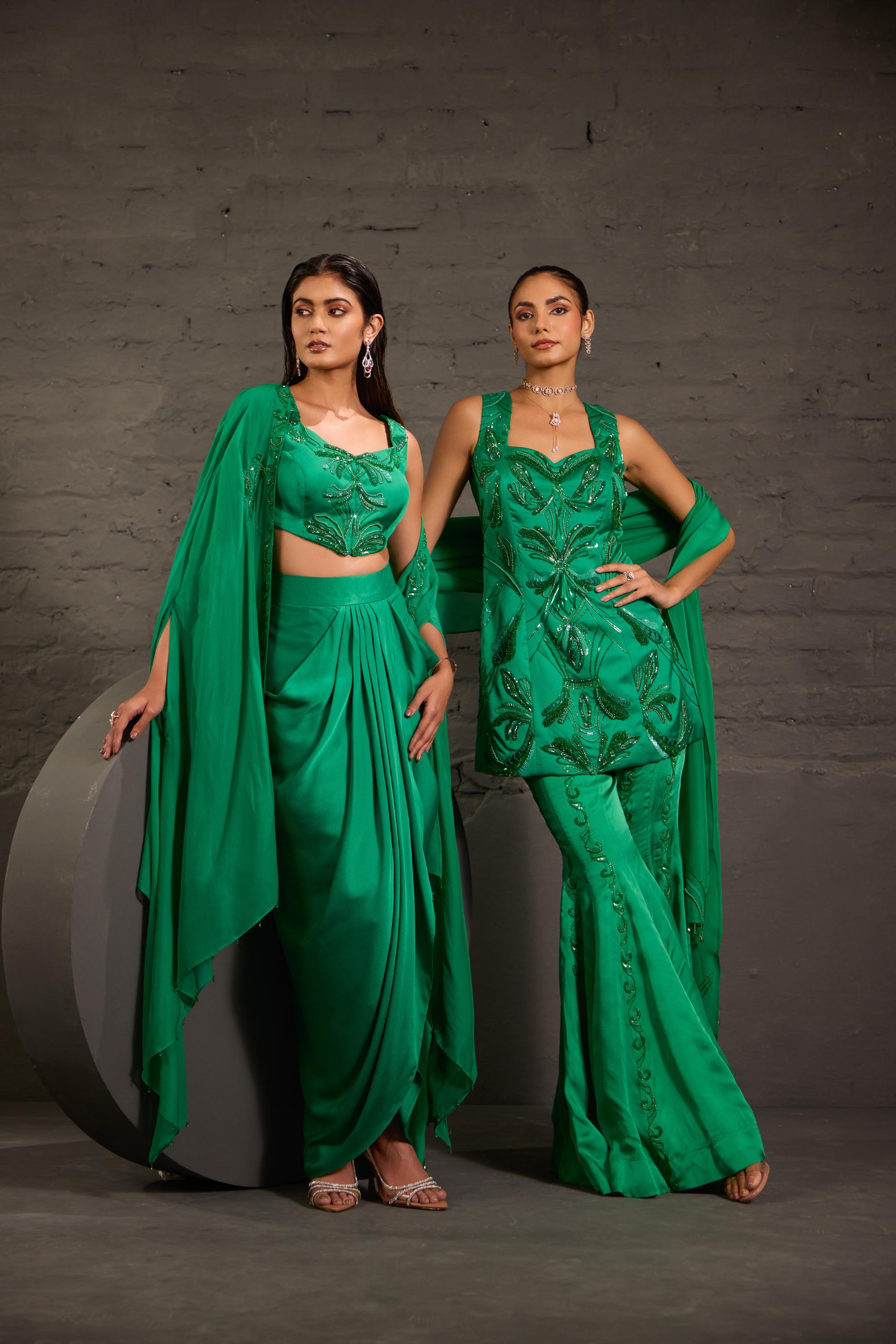 Emarald Green Cape With Asymmetric Drape Skirt And Waistcoat Set