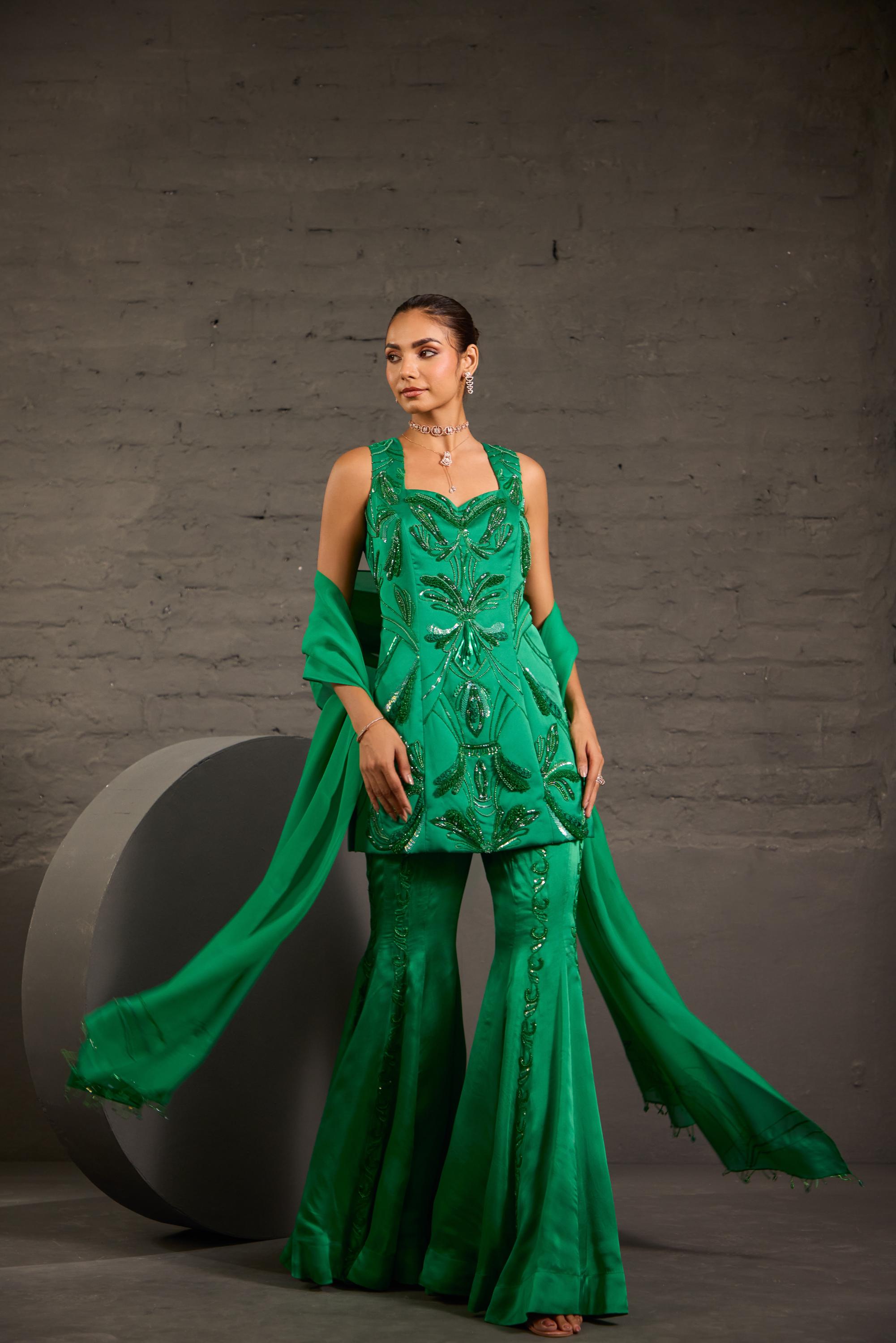 Hand Embroidred Emerald Green Short Tunic With Sharara & Dupatta Set