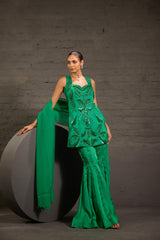 Hand Embroidred Emerald Green Short Tunic With Sharara & Dupatta Set